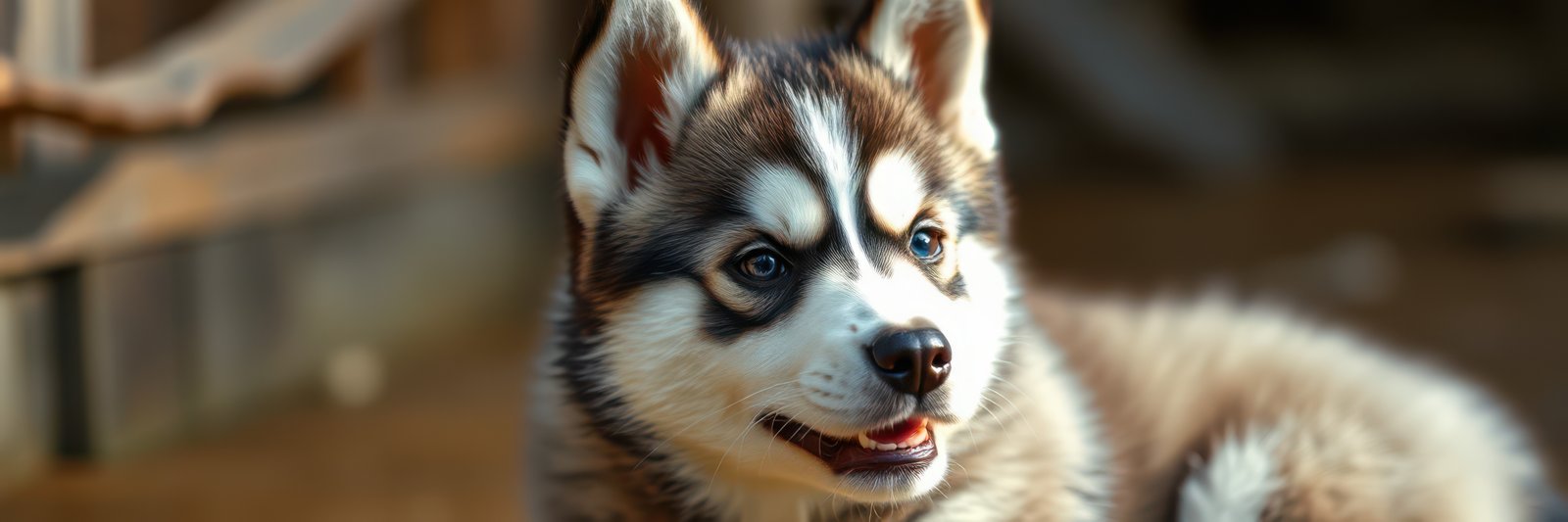 Cute husky puppy playing in the sun at a backyard in the afternoon